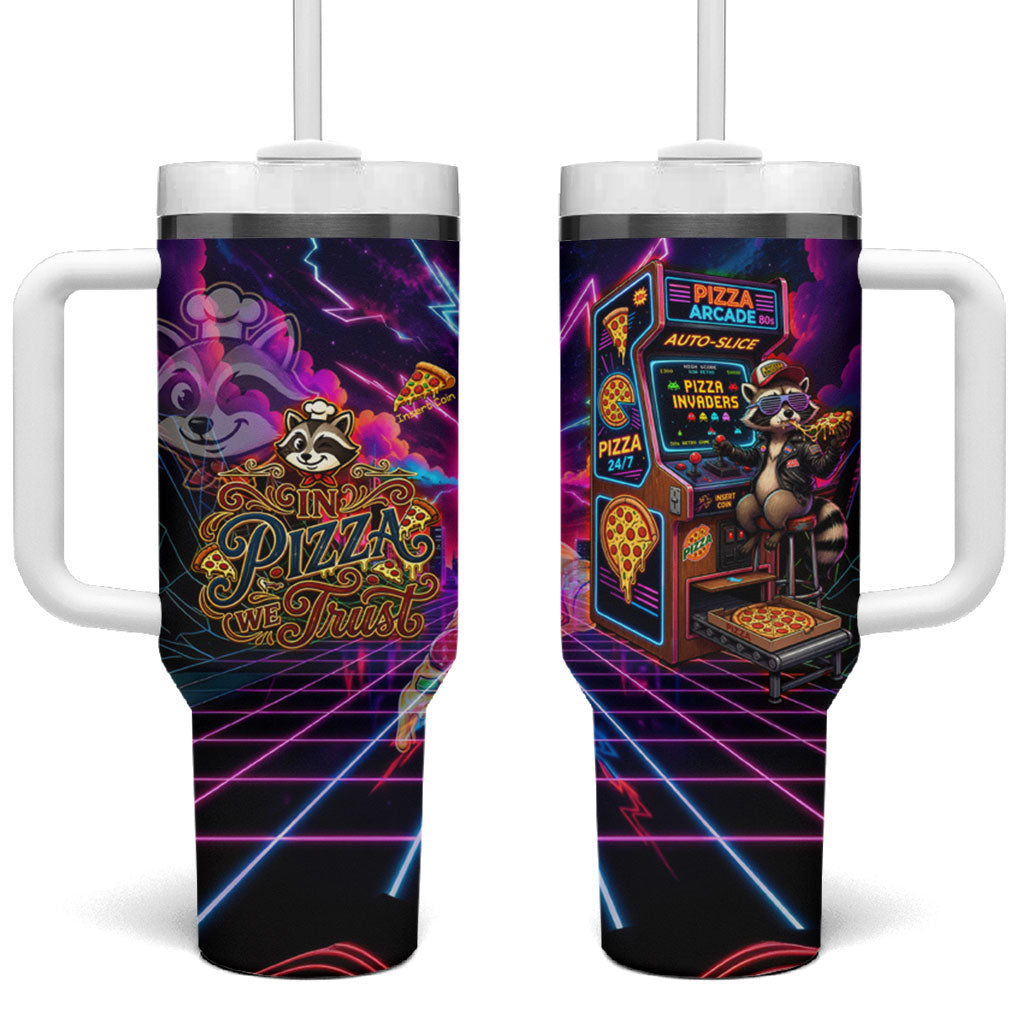 Retro Raccoon Eating Pizza Tumbler With Handle 80s Synthwave Pizza Arcade Neon Gaming Aesthetic