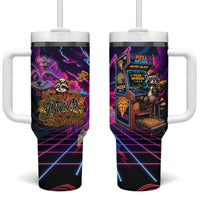 Retro Raccoon Eating Pizza Tumbler With Handle 80s Synthwave Pizza Arcade Neon Gaming Aesthetic