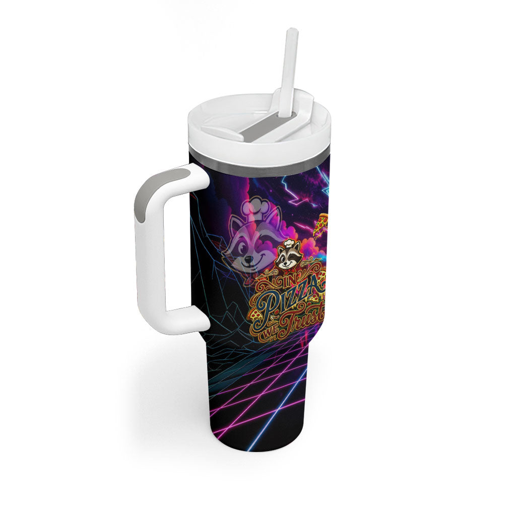 Retro Raccoon Eating Pizza Tumbler With Handle 80s Synthwave Pizza Arcade Neon Gaming Aesthetic