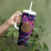 Retro Raccoon Eating Pizza Tumbler With Handle 80s Synthwave Pizza Arcade Neon Gaming Aesthetic