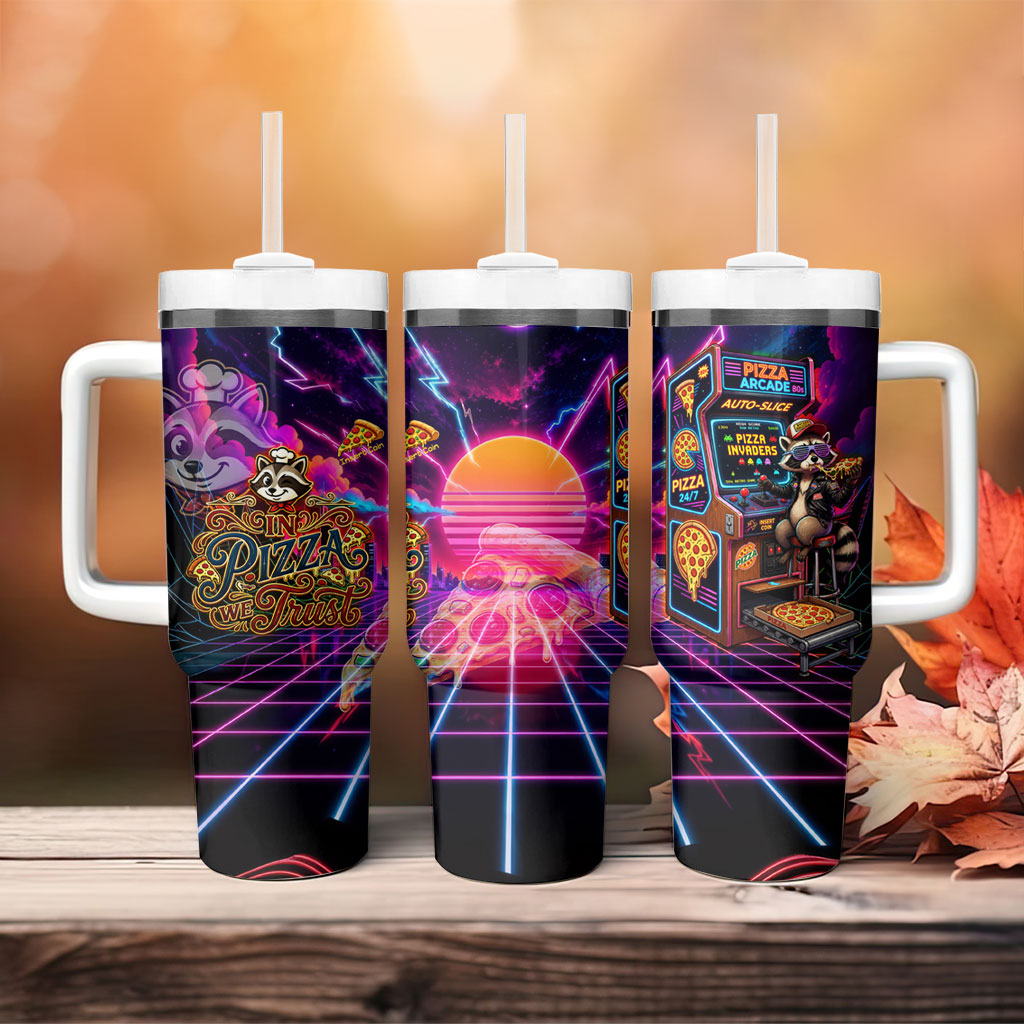 Retro Raccoon Eating Pizza Tumbler With Handle 80s Synthwave Pizza Arcade Neon Gaming Aesthetic