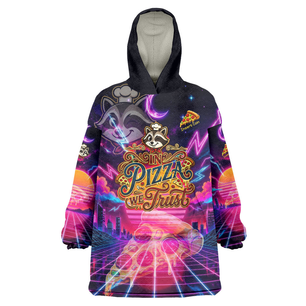 Retro Raccoon Eating Pizza Wearable Blanket Hoodie 80s Synthwave Pizza Arcade Neon Gaming Aesthetic