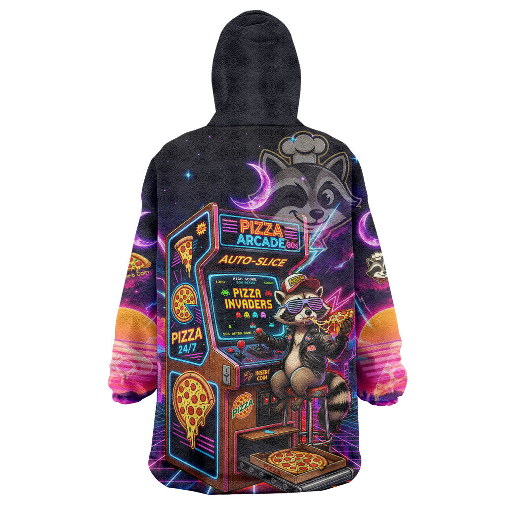 Retro Raccoon Eating Pizza Wearable Blanket Hoodie 80s Synthwave Pizza Arcade Neon Gaming Aesthetic