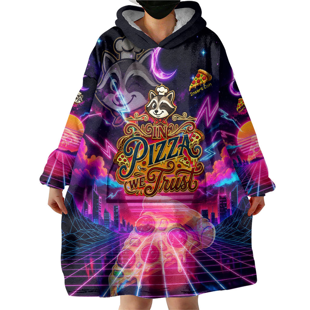 Retro Raccoon Eating Pizza Wearable Blanket Hoodie 80s Synthwave Pizza Arcade Neon Gaming Aesthetic
