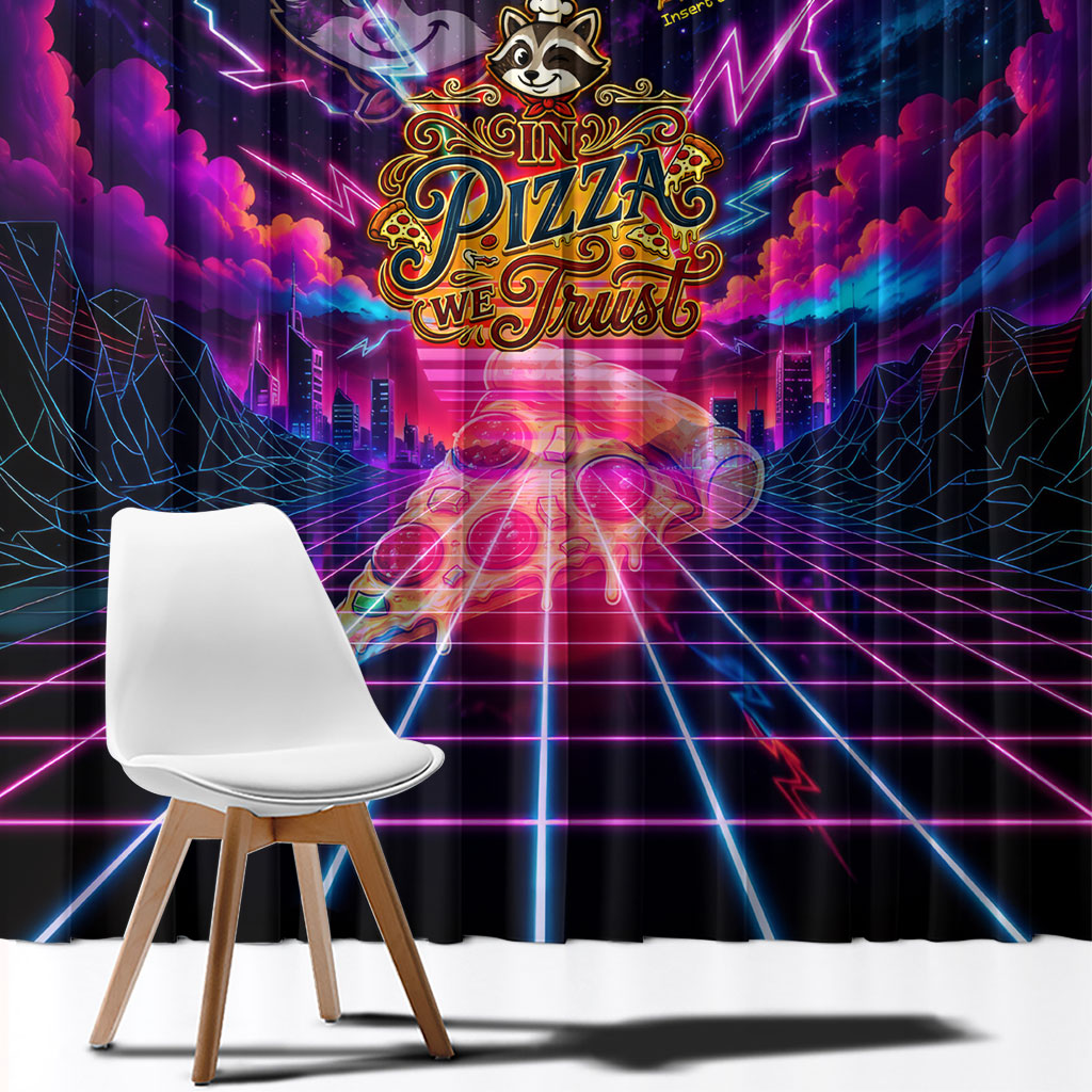 Retro Raccoon Eating Pizza Window Curtain 80s Synthwave Pizza Arcade Neon Gaming Aesthetic
