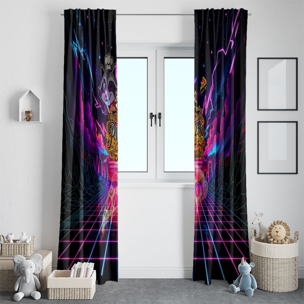 Retro Raccoon Eating Pizza Window Curtain 80s Synthwave Pizza Arcade Neon Gaming Aesthetic