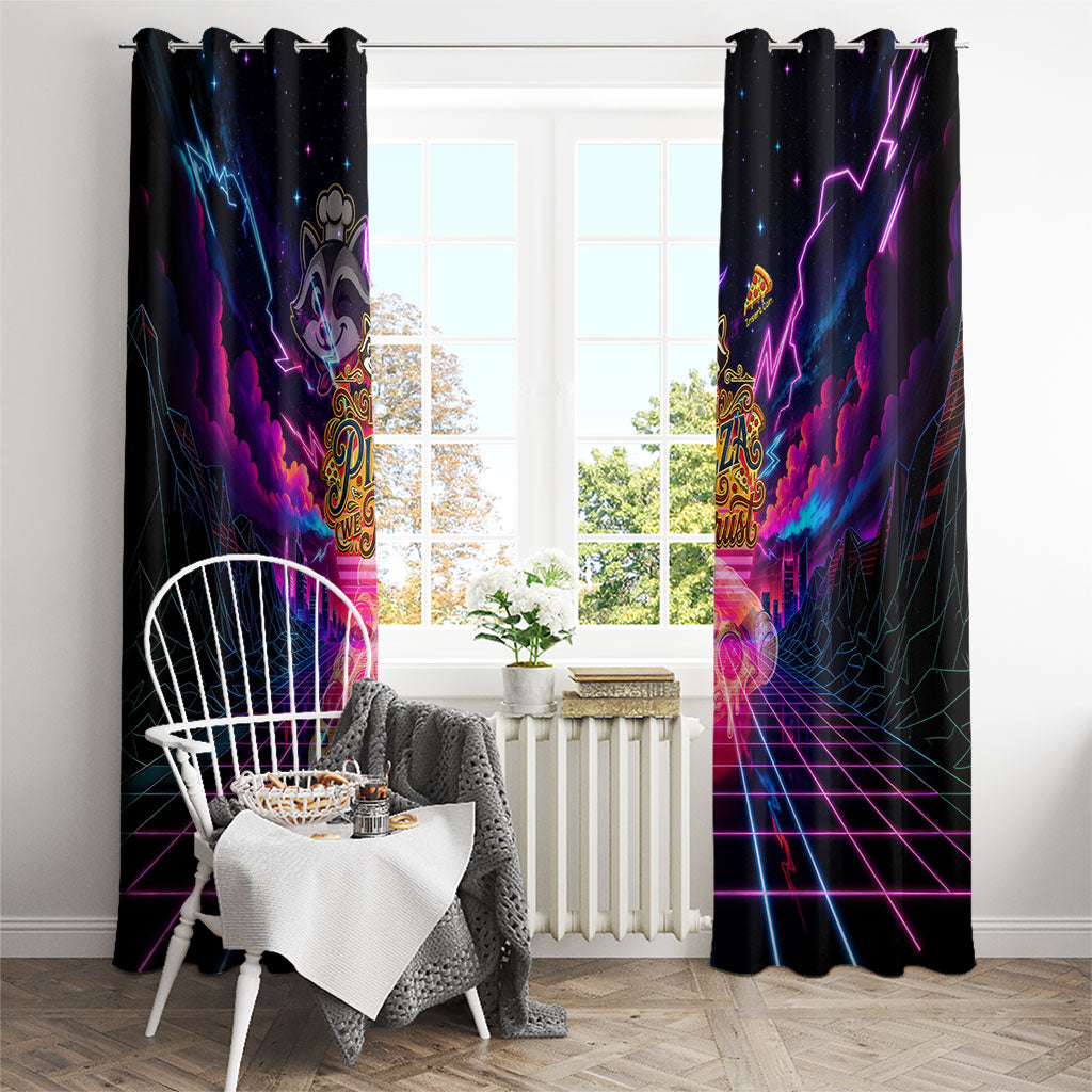 Retro Raccoon Eating Pizza Window Curtain 80s Synthwave Pizza Arcade Neon Gaming Aesthetic