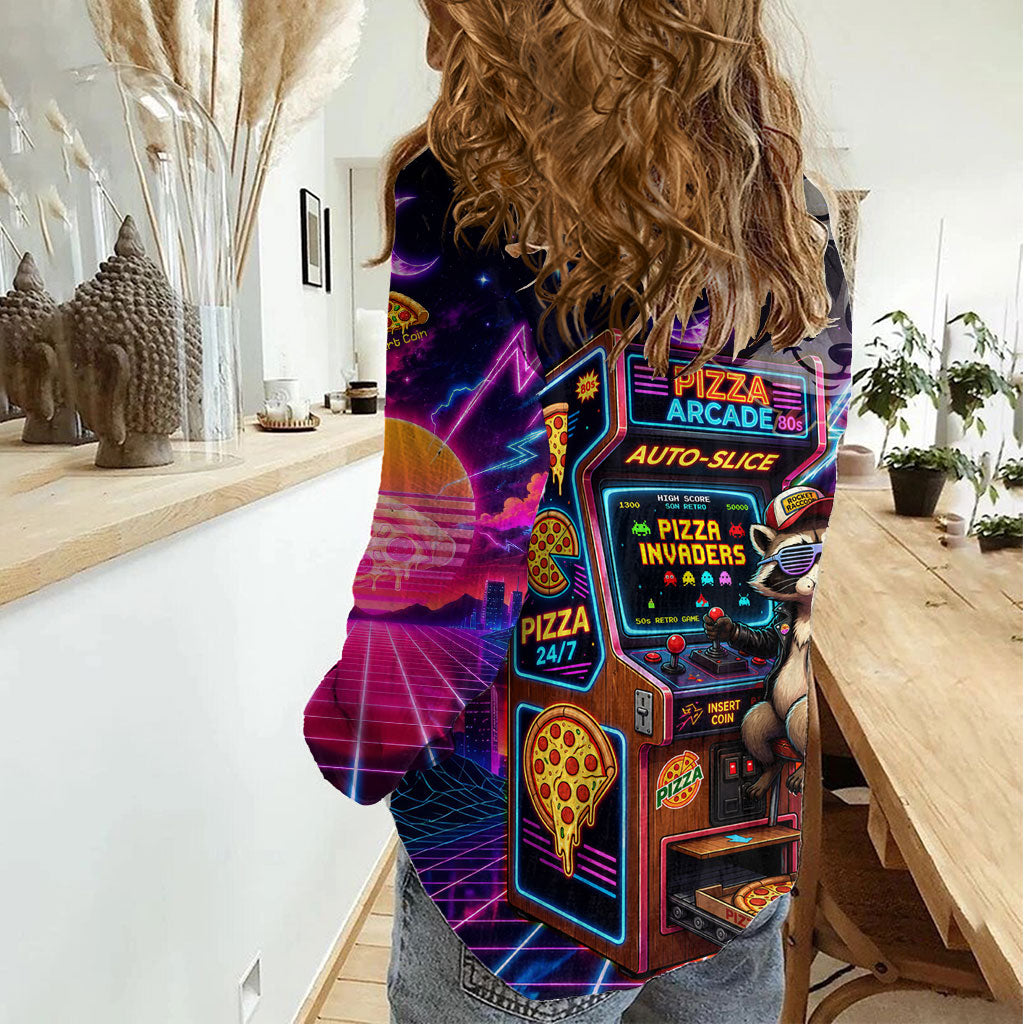 Retro Raccoon Eating Pizza Women Casual Shirt 80s Synthwave Pizza Arcade Neon Gaming Aesthetic