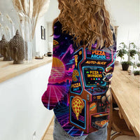 Retro Raccoon Eating Pizza Women Casual Shirt 80s Synthwave Pizza Arcade Neon Gaming Aesthetic
