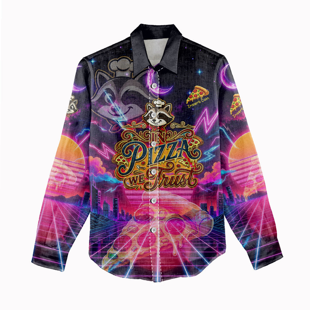 Retro Raccoon Eating Pizza Women Casual Shirt 80s Synthwave Pizza Arcade Neon Gaming Aesthetic