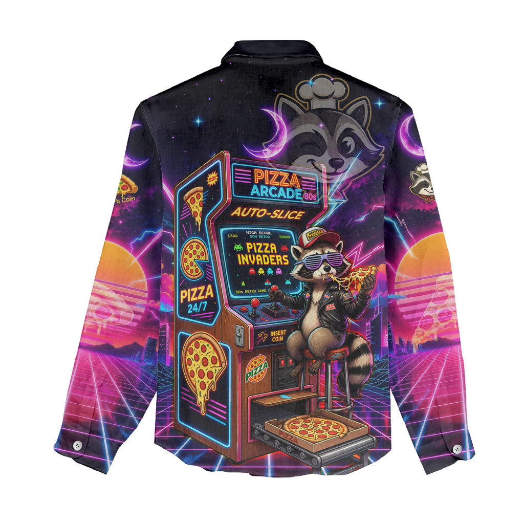 Retro Raccoon Eating Pizza Women Casual Shirt 80s Synthwave Pizza Arcade Neon Gaming Aesthetic