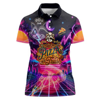Retro Raccoon Eating Pizza Women Polo Shirt 80s Synthwave Pizza Arcade Neon Gaming Aesthetic