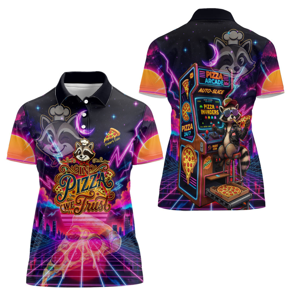 Retro Raccoon Eating Pizza Women Polo Shirt 80s Synthwave Pizza Arcade Neon Gaming Aesthetic