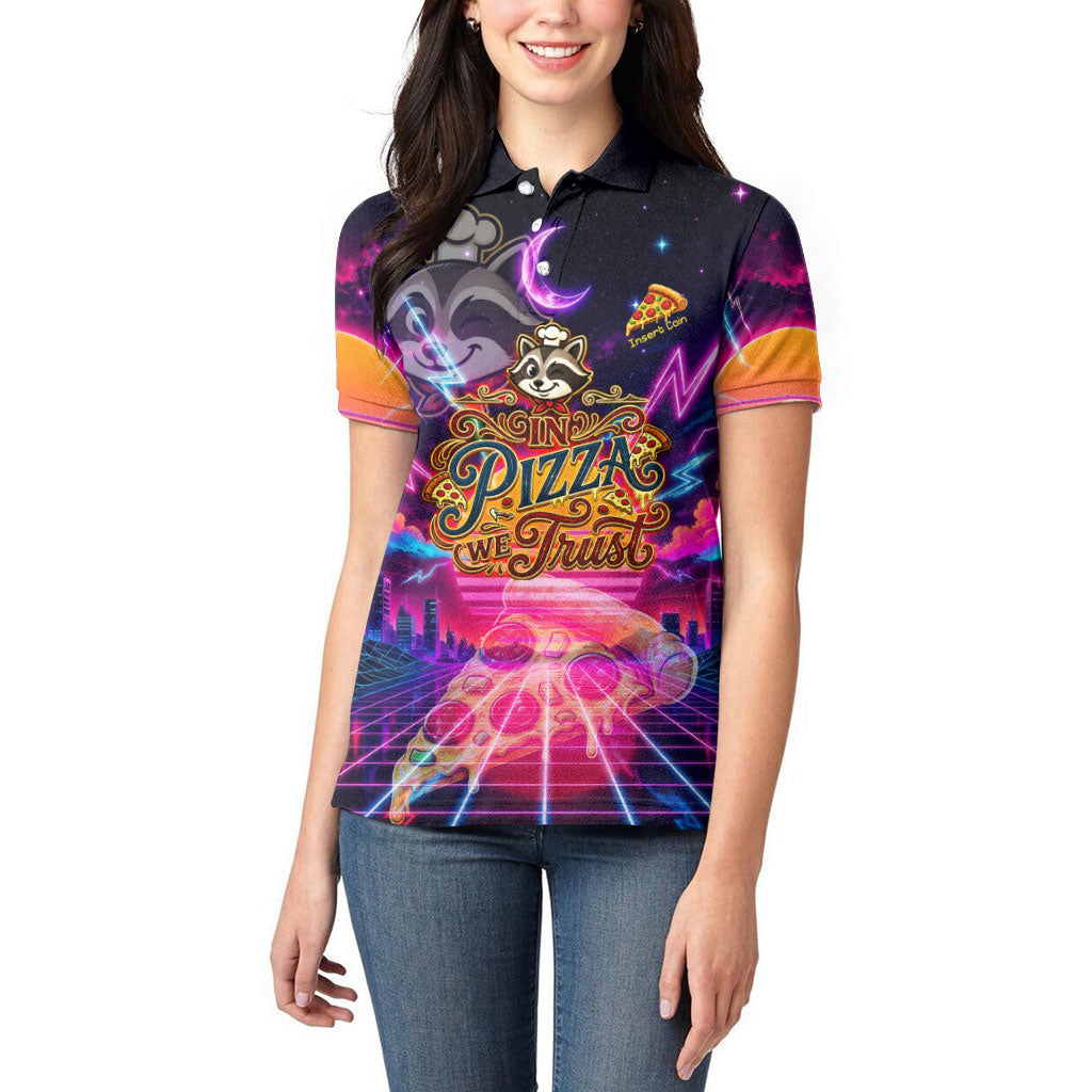 Retro Raccoon Eating Pizza Women Polo Shirt 80s Synthwave Pizza Arcade Neon Gaming Aesthetic