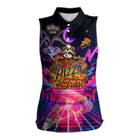 Retro Raccoon Eating Pizza Women Sleeveless Polo Shirt 80s Synthwave Pizza Arcade Neon Gaming Aesthetic