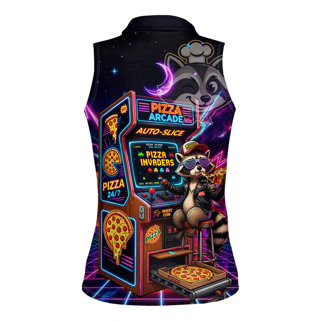 Retro Raccoon Eating Pizza Women Sleeveless Polo Shirt 80s Synthwave Pizza Arcade Neon Gaming Aesthetic