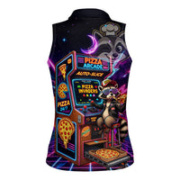 Retro Raccoon Eating Pizza Women Sleeveless Polo Shirt 80s Synthwave Pizza Arcade Neon Gaming Aesthetic