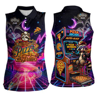 Retro Raccoon Eating Pizza Women Sleeveless Polo Shirt 80s Synthwave Pizza Arcade Neon Gaming Aesthetic