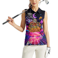 Retro Raccoon Eating Pizza Women Sleeveless Polo Shirt 80s Synthwave Pizza Arcade Neon Gaming Aesthetic