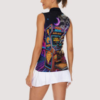Retro Raccoon Eating Pizza Women Sleeveless Polo Shirt 80s Synthwave Pizza Arcade Neon Gaming Aesthetic