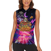 Retro Raccoon Eating Pizza Women Sleeveless Polo Shirt 80s Synthwave Pizza Arcade Neon Gaming Aesthetic