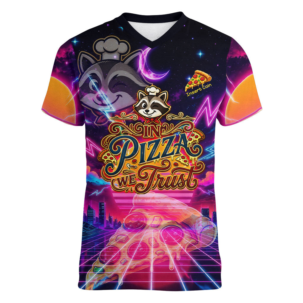Retro Raccoon Eating Pizza Women V-Neck T-Shirt 80s Synthwave Pizza Arcade Neon Gaming Aesthetic