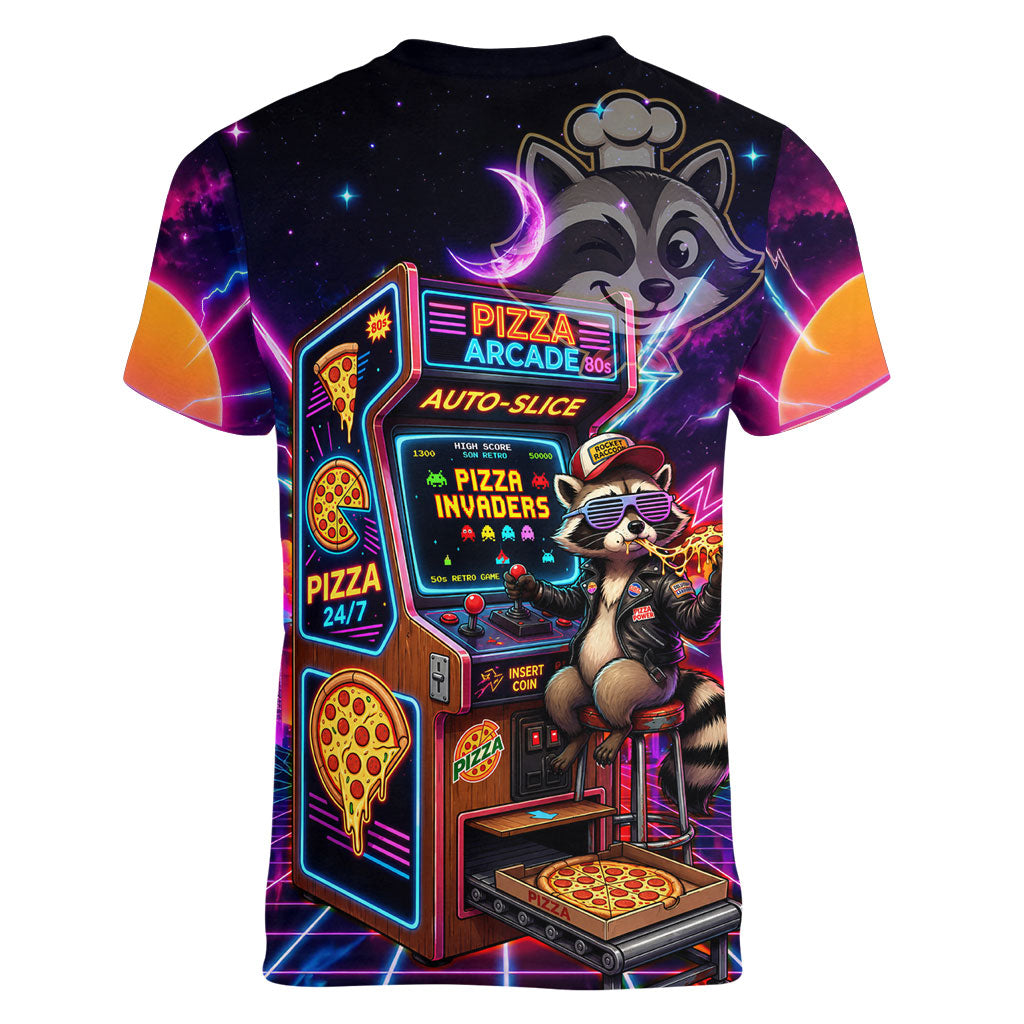 Retro Raccoon Eating Pizza Women V-Neck T-Shirt 80s Synthwave Pizza Arcade Neon Gaming Aesthetic
