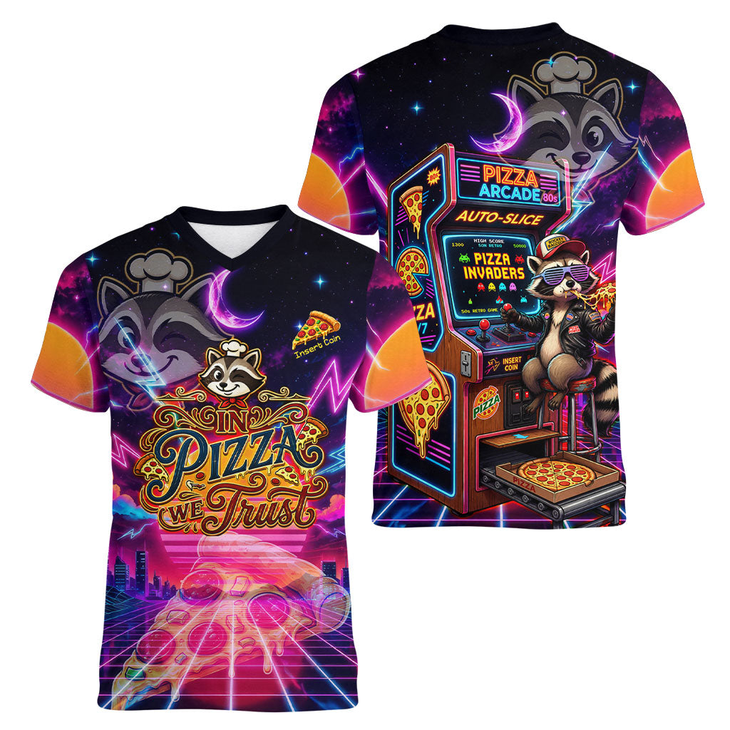 Retro Raccoon Eating Pizza Women V-Neck T-Shirt 80s Synthwave Pizza Arcade Neon Gaming Aesthetic