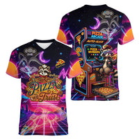 Retro Raccoon Eating Pizza Women V-Neck T-Shirt 80s Synthwave Pizza Arcade Neon Gaming Aesthetic