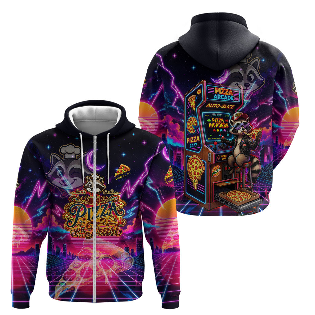 Retro Raccoon Eating Pizza Zip Hoodie 80s Synthwave Pizza Arcade Neon Gaming Aesthetic