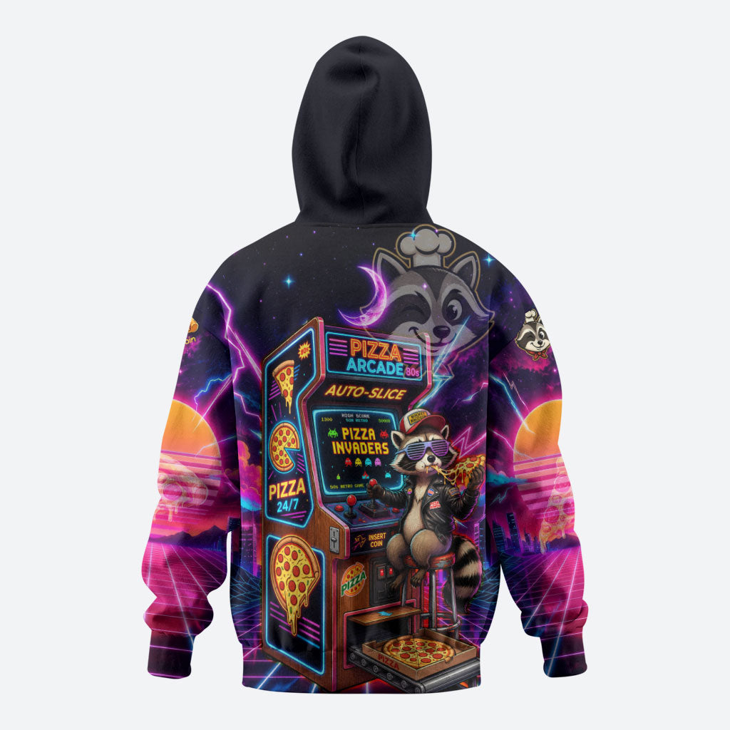 Retro Raccoon Eating Pizza Zip Hoodie 80s Synthwave Pizza Arcade Neon Gaming Aesthetic