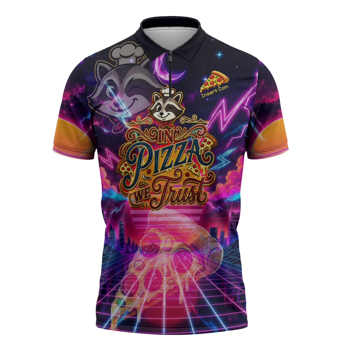 Retro Raccoon Eating Pizza Zipper Polo Shirt 80s Synthwave Pizza Arcade Neon Gaming Aesthetic