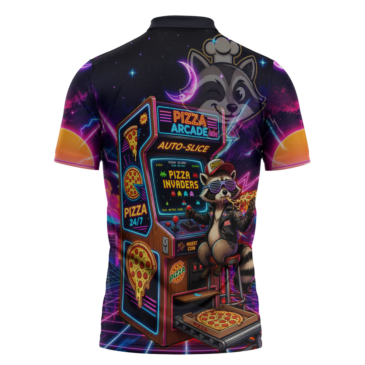 Retro Raccoon Eating Pizza Zipper Polo Shirt 80s Synthwave Pizza Arcade Neon Gaming Aesthetic