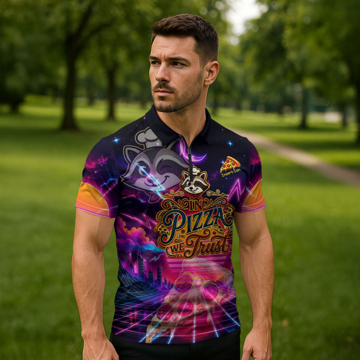 Retro Raccoon Eating Pizza Zipper Polo Shirt 80s Synthwave Pizza Arcade Neon Gaming Aesthetic