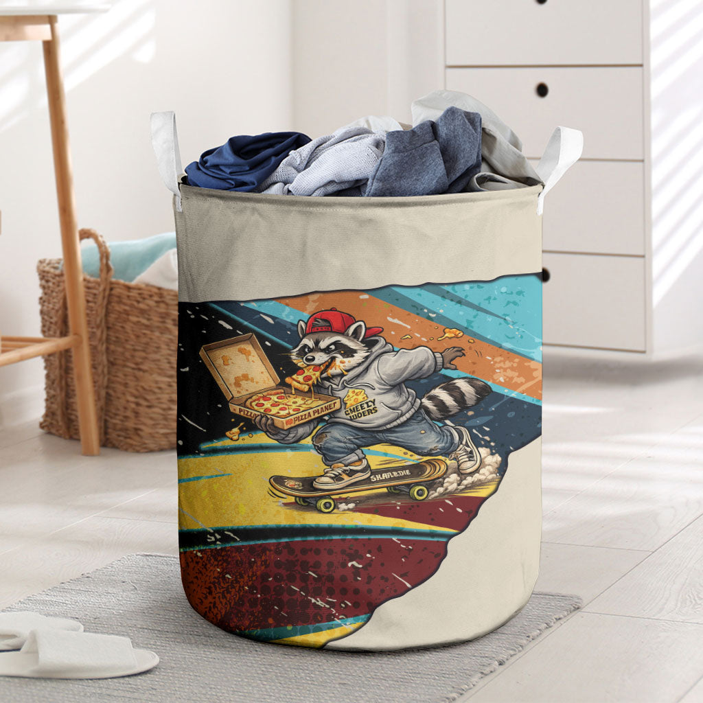Skateboarding Raccoon Eating Pizza Laundry Basket Retro Cartoon Skating Claw Rip Grunge Aesthetic