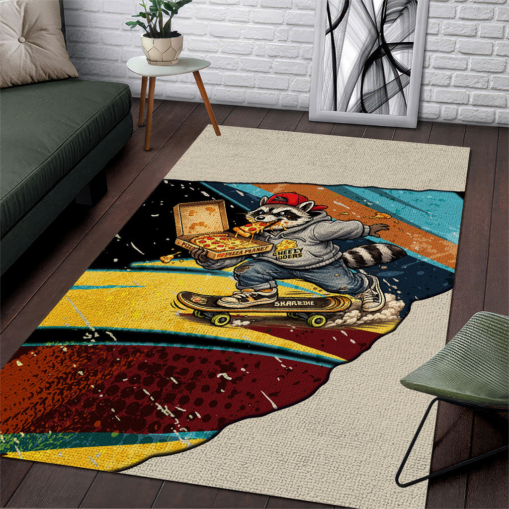 Skateboarding Raccoon Eating Pizza Area Rug Retro Cartoon Skating Claw Rip Grunge Aesthetic