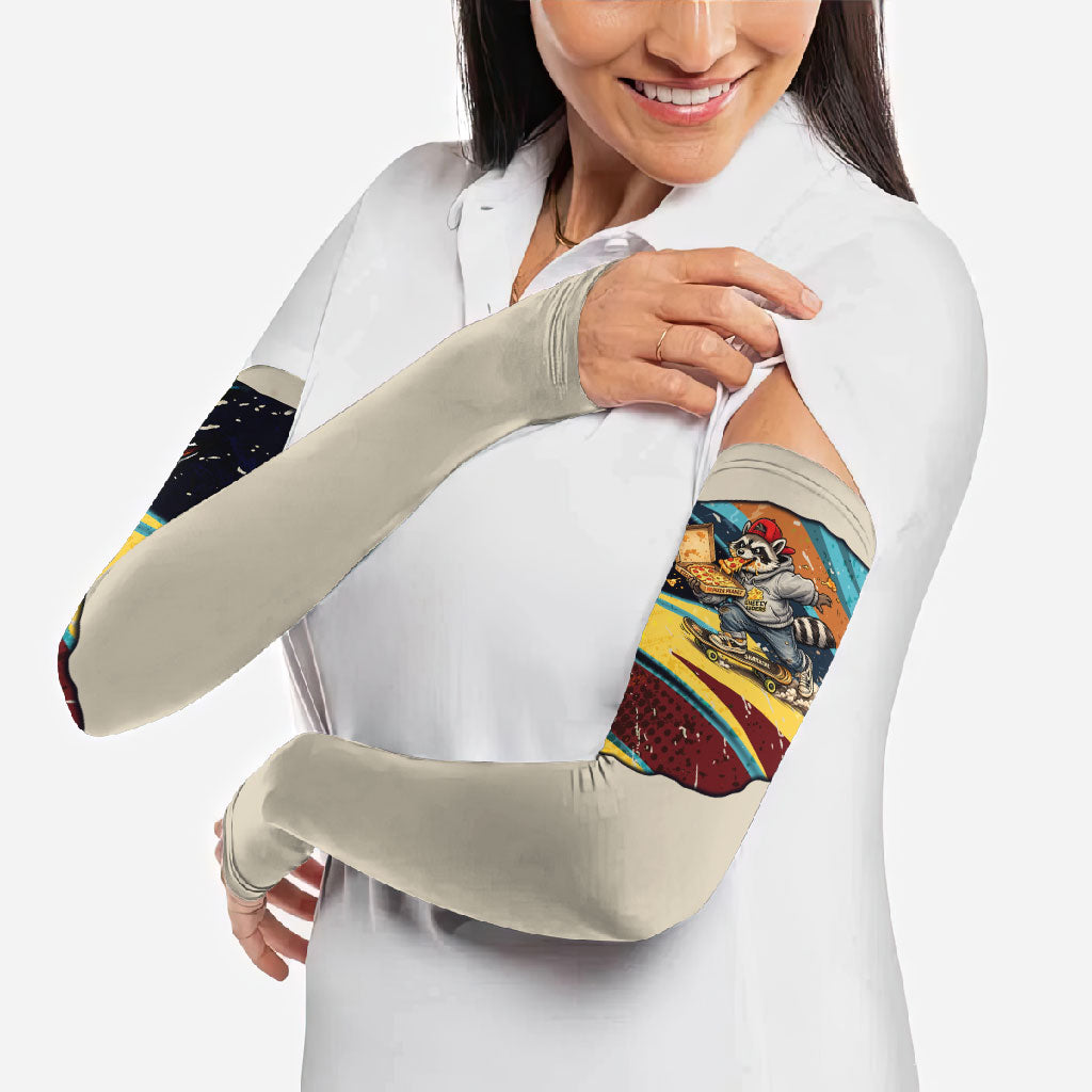 Skateboarding Raccoon Eating Pizza Arm Sleeves Retro Cartoon Skating Claw Rip Grunge Aesthetic