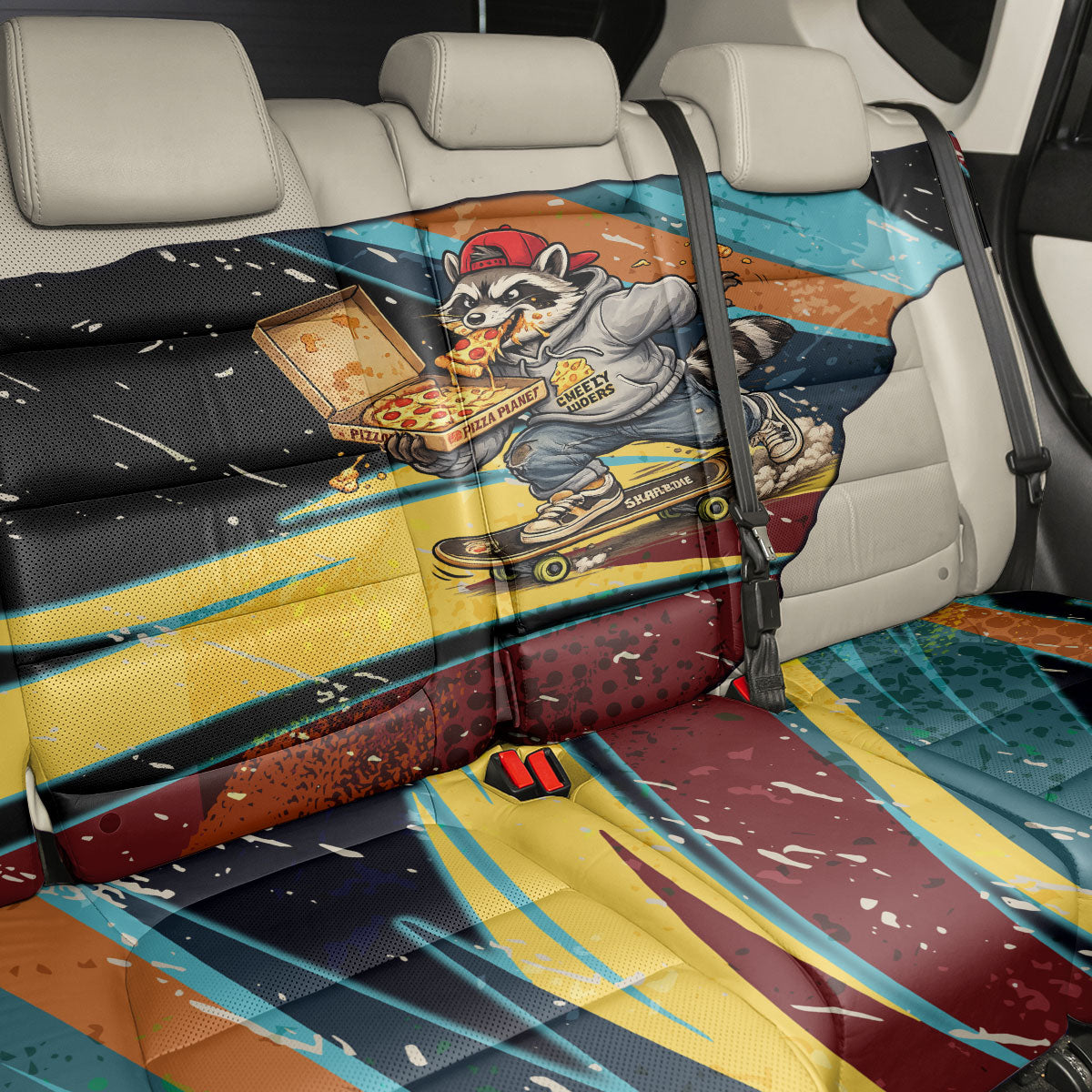 Skateboarding Raccoon Eating Pizza Back Car Seat Cover Retro Cartoon Skating Claw Rip Grunge Aesthetic