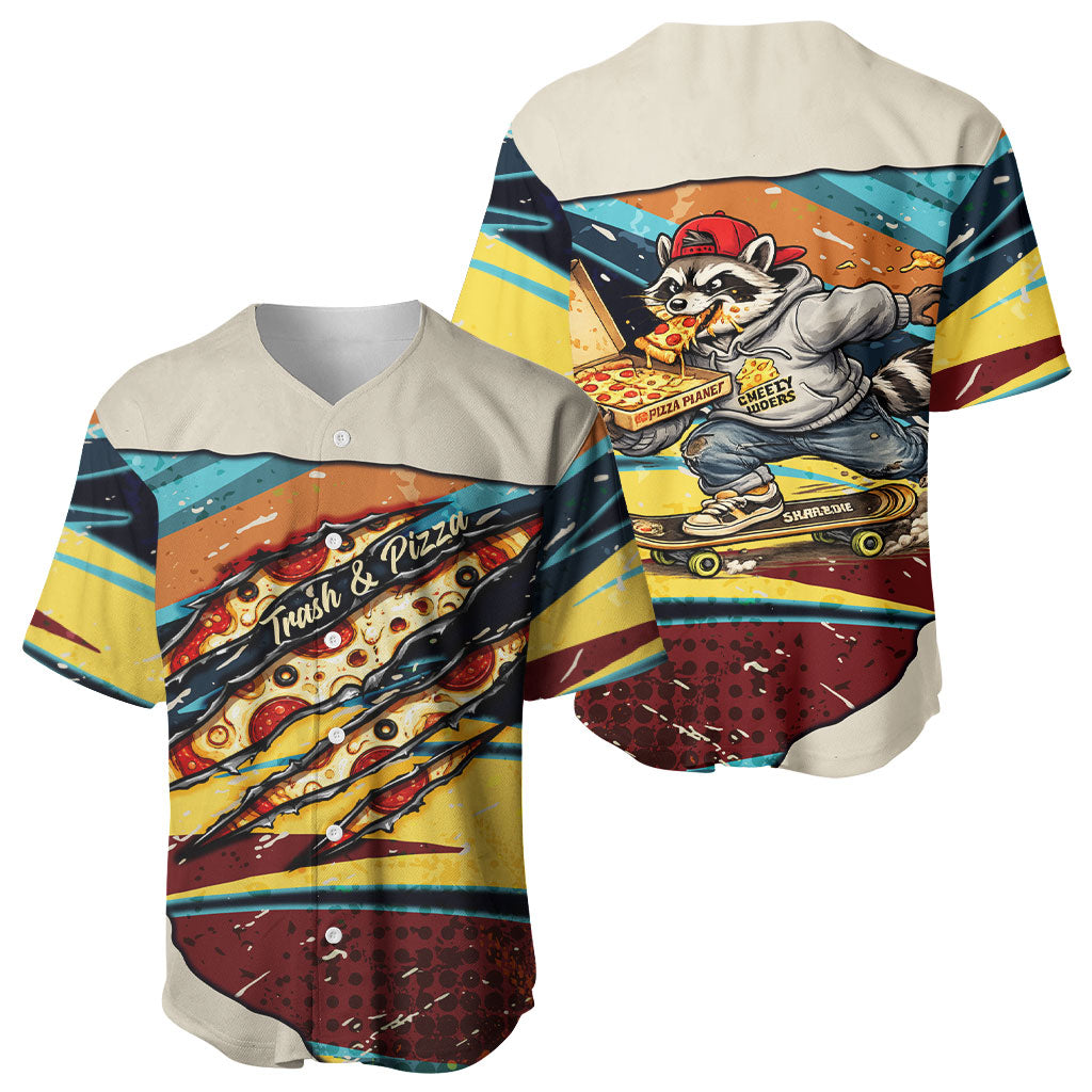 Skateboarding Raccoon Eating Pizza Baseball Jersey Retro Cartoon Skating Claw Rip Grunge Aesthetic