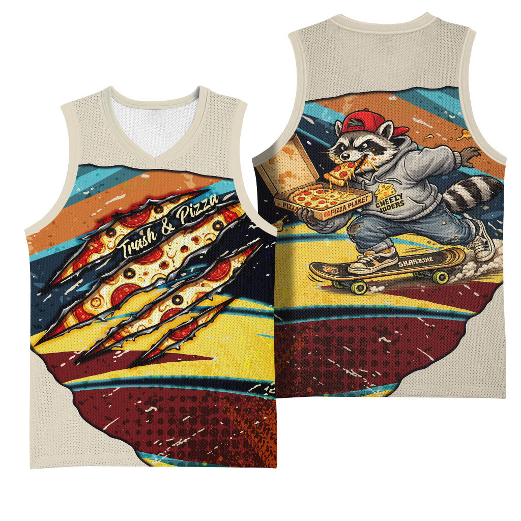 Skateboarding Raccoon Eating Pizza Basketball Jersey Retro Cartoon Skating Claw Rip Grunge Aesthetic