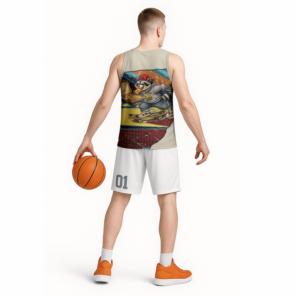 Skateboarding Raccoon Eating Pizza Basketball Jersey Retro Cartoon Skating Claw Rip Grunge Aesthetic