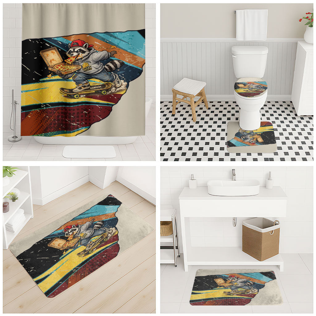 Skateboarding Raccoon Eating Pizza Bathroom Set Retro Cartoon Skating Claw Rip Grunge Aesthetic