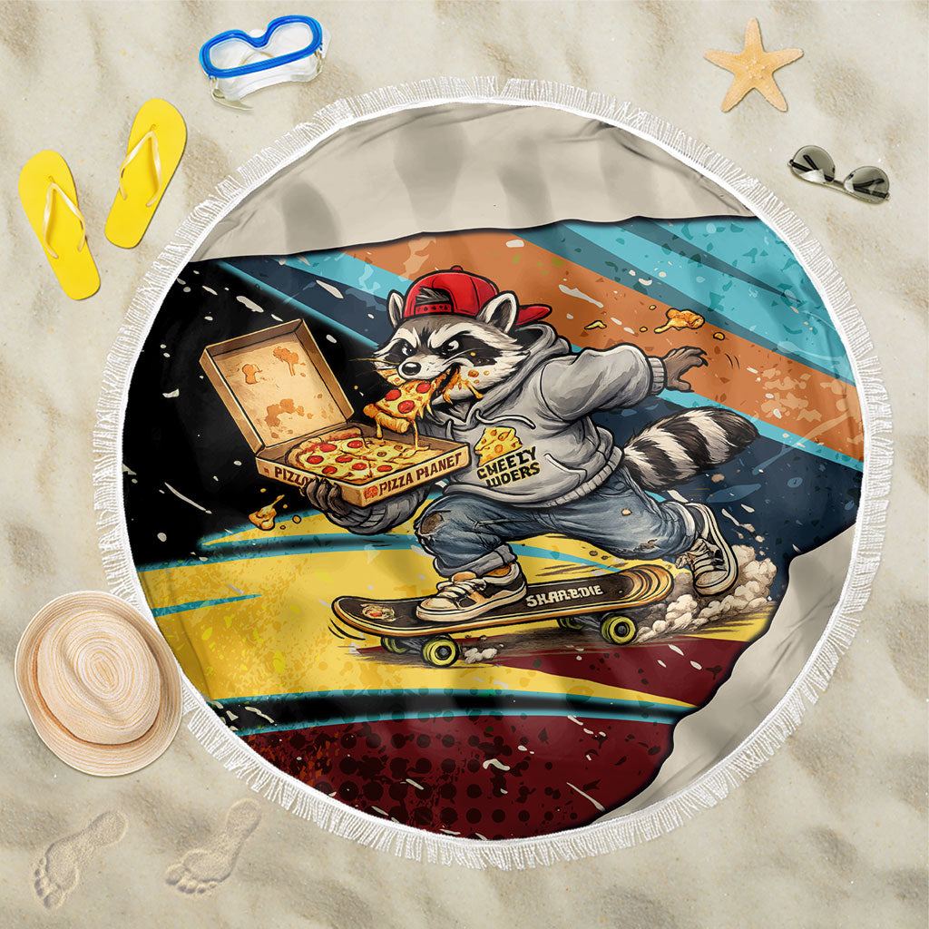 Skateboarding Raccoon Eating Pizza Beach Blanket Retro Cartoon Skating Claw Rip Grunge Aesthetic