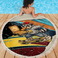 Skateboarding Raccoon Eating Pizza Beach Blanket Retro Cartoon Skating Claw Rip Grunge Aesthetic