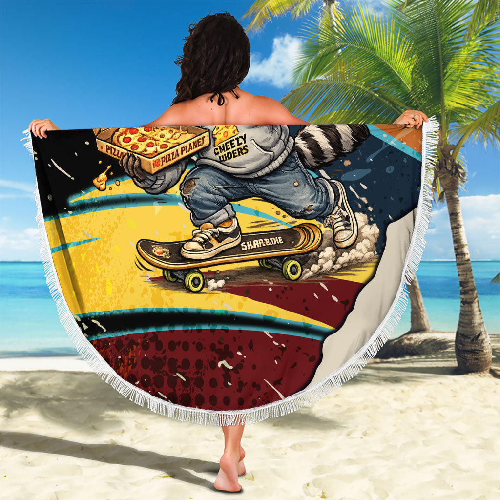Skateboarding Raccoon Eating Pizza Beach Blanket Retro Cartoon Skating Claw Rip Grunge Aesthetic