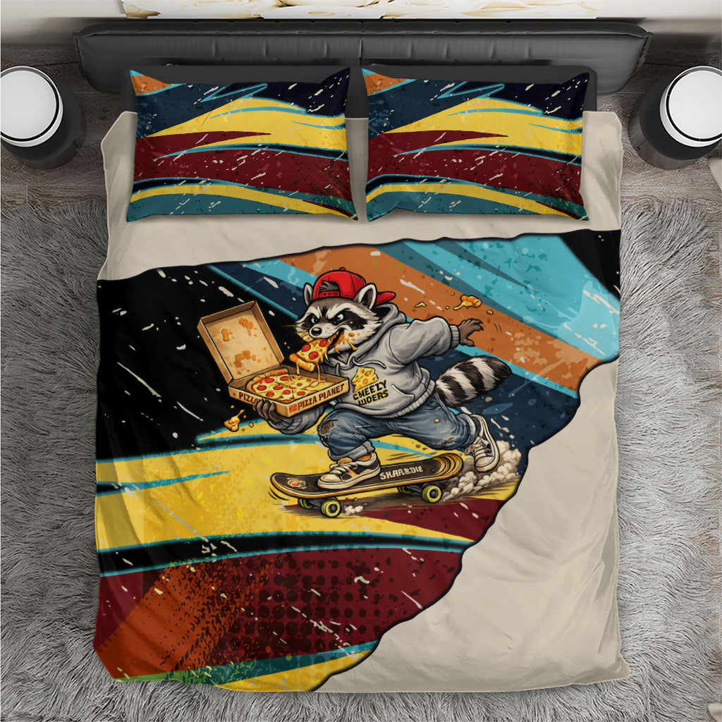 Skateboarding Raccoon Eating Pizza Bedding Set Retro Cartoon Skating Claw Rip Grunge Aesthetic