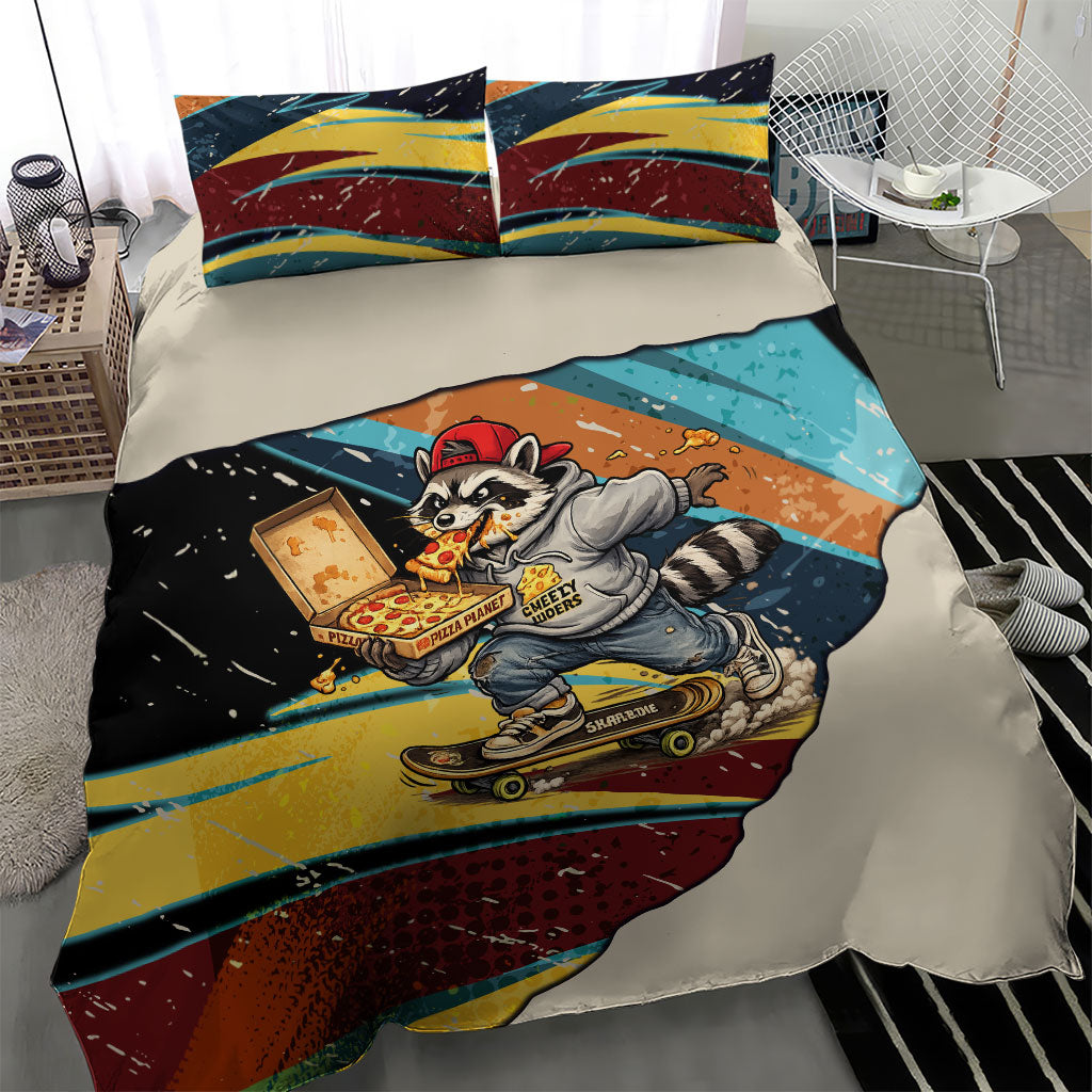 Skateboarding Raccoon Eating Pizza Bedding Set Retro Cartoon Skating Claw Rip Grunge Aesthetic