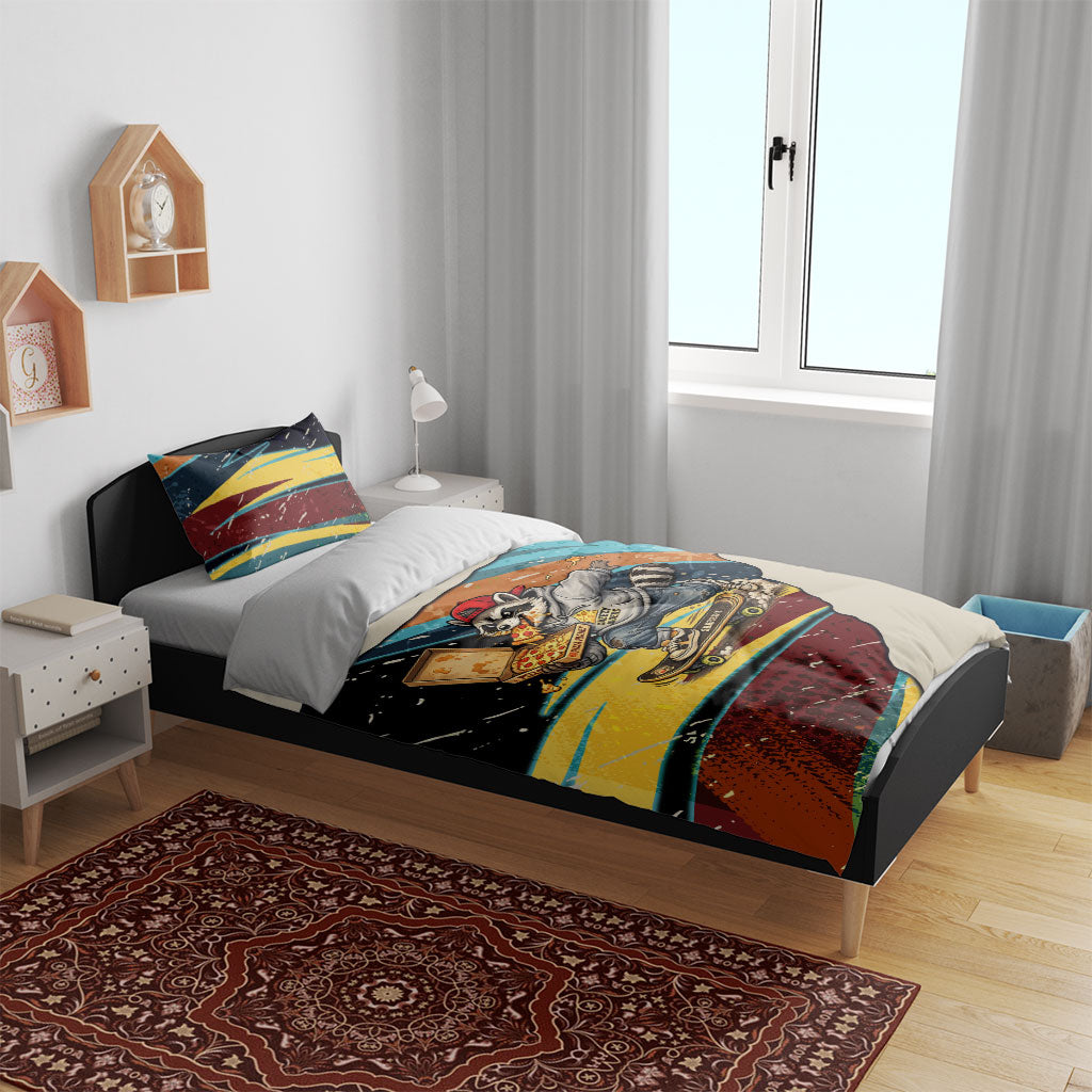 Skateboarding Raccoon Eating Pizza Bedding Set Retro Cartoon Skating Claw Rip Grunge Aesthetic