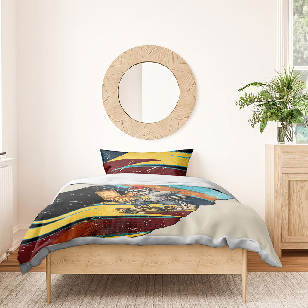Skateboarding Raccoon Eating Pizza Bedding Set Retro Cartoon Skating Claw Rip Grunge Aesthetic