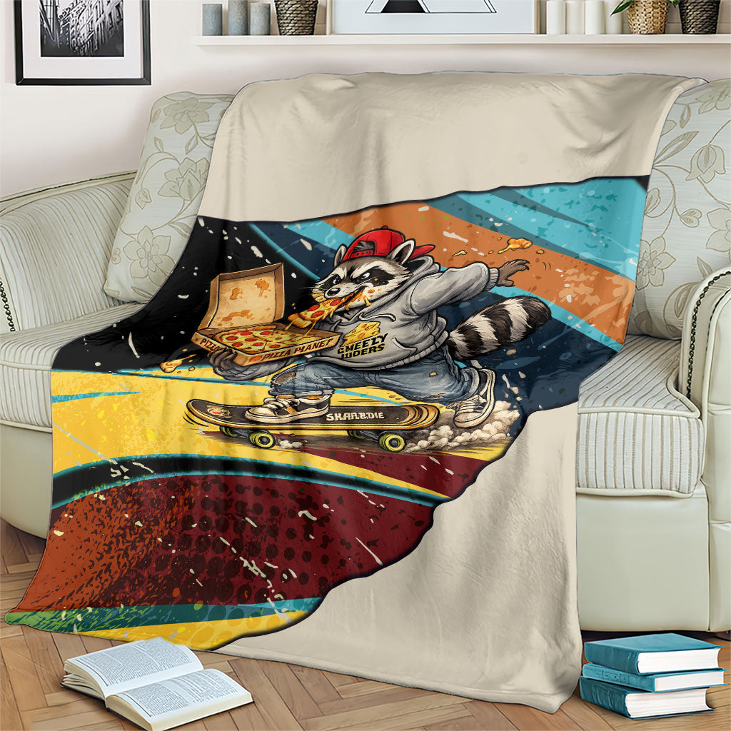 Skateboarding Raccoon Eating Pizza Blanket Retro Cartoon Skating Claw Rip Grunge Aesthetic